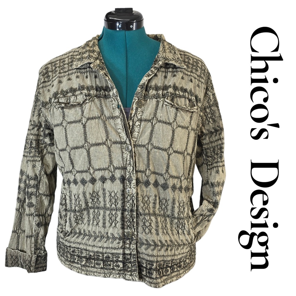 Chicos Design Jacket Womens‎ Size 2 L Green Cotton Embroidered Boho Button Front